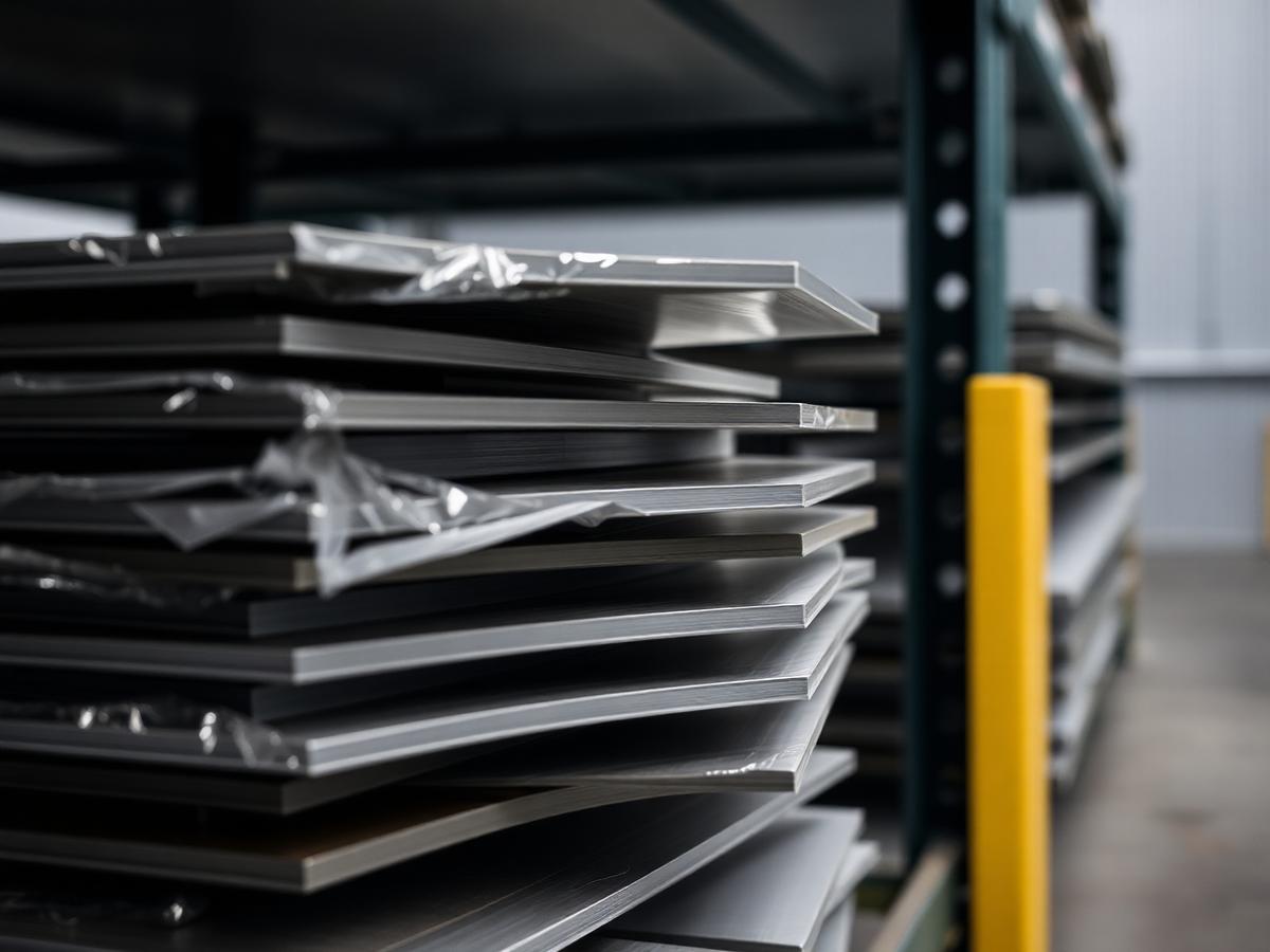 Stacked aluminium and steel sheets with protective film on a warehouse rack